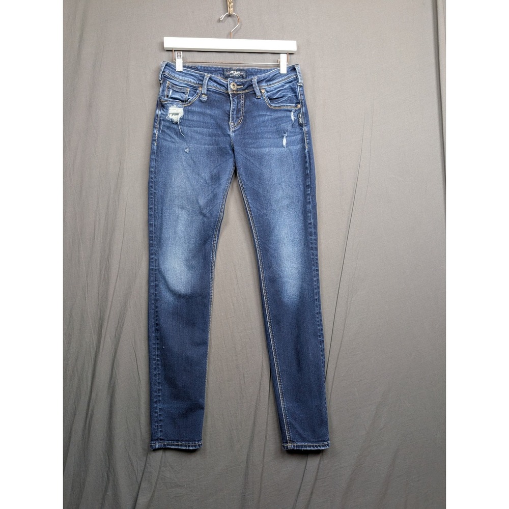 Silver Jeans Co‎ Sam Mid Rise Slim Leg Distressed Dark Wash Denim Jeans W28 L29